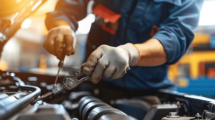 Repair technician inspecting collision damage